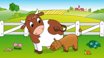 Papier Peint photo Ferme Vache allaitant le veau. Illustration numérique pour les enfants