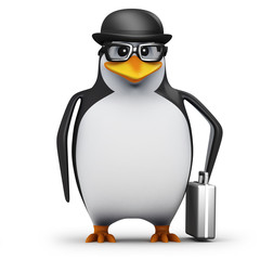 3d Penguin in glasses wears a bowler hat