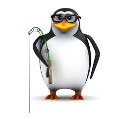 3d Penguin in glasses goes  fishing