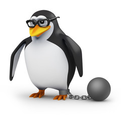 3d Penguin in glasses with ball and chain