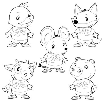 Cute Animal Family. Vector  Black White Characters.