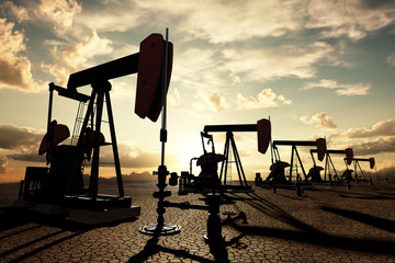 Oil pumps on the sunset sky - 41342384