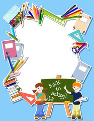 children with blackbord and suppliers - back to school concept