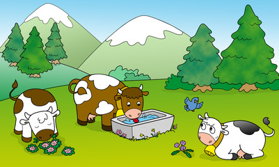 Tre mucche che pascolano in montagna. Illustrazione per bambini