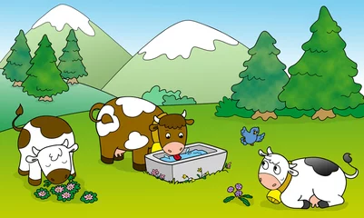 Crédence de cuisine en verre imprimé Ferme Trois vaches paissant dans les montagnes. Illustration pour les enfants