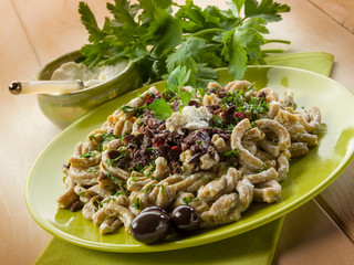 pasta casarecci with ricotta and black olive, heallthy food
