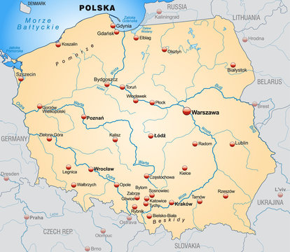 &Uuml;bersichtskarte von Polen mit Nachbarl&auml;ndern
