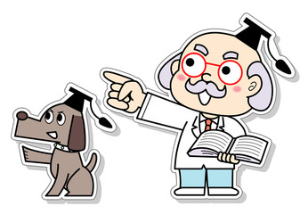 指を指す博士と犬
