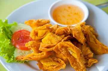 Deep Fried Wonton on white dish with plum sauce
