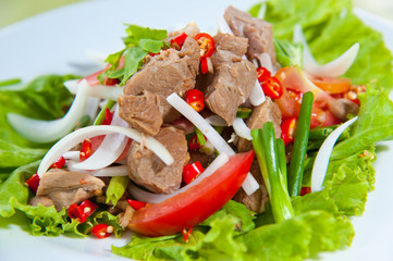 Spicy salad with pork and green herb in Thai style