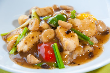 Stir-fried fish with colorful vegetables, mushroom and herb