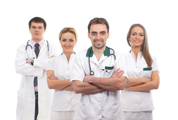 Fototapeta premium A team of young Caucasian doctors in white clothes