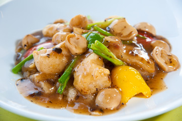 Stir-fried fish with colorful vegetables, mushroom and herb