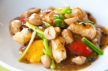 Stir-fried fish with colorful vegetables, mushroom and herb