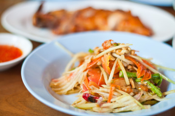 Papaya salad thai cuisine and Roasting chicken