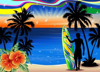 Surfista su Spiaggia Esotica-Surfer on Tropical Beach-Vector