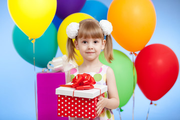 girl  with colorful balloons and gift