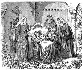 Depicts a nun caring for sick girl