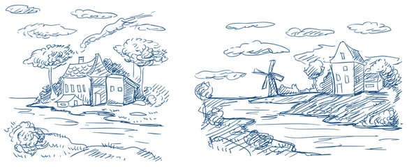 countryside landscapes with windmill and houses vector