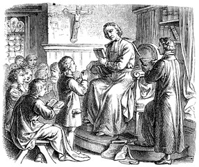Fototapeta premium Shows a priest in the church school