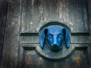 Detail  Holztür mit Hundekopf, Frankreich © Annette Schindler