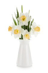 Bouquet of white daffodils in flowerpot