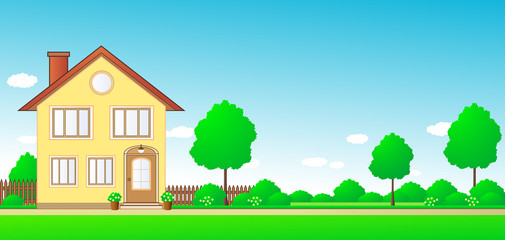 nature landscape with cottage and sky with space for text