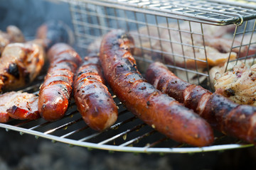 barbecue with delicious grilled meat on grill