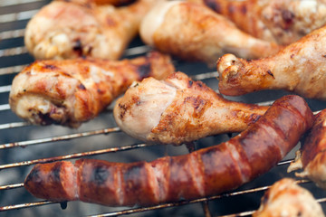 barbecue with delicious grilled meat on grill