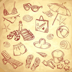 Hand drawn retro icons summer beach set on a paper background © Yuzach
