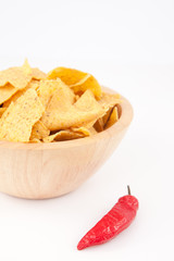 Pimento near a full bowl of crisps