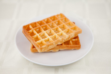 Two waffles on a saucer