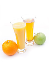 Glass of orange juice near a glass of apple juice