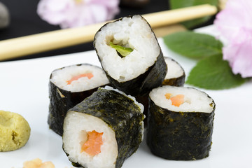 Japanese sushi rolls - Kappamaki (cucumber) & Sakemaki (salmon)