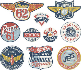 Gasoline station vintage vector badges - obrazy, fototapety, plakaty