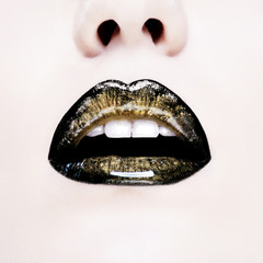 Glamour black gloss lips with sensuality gesture.