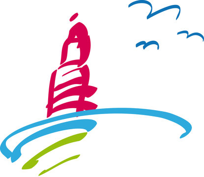 Logo für Tourismus und Urlaub am Meer, Leuchtturm mit Möven, Familienurlaub an der Ostsee und Nordsee in Deutschland, regional verreisen, sanfter Tourismus, naturnah und ökologisch, Vektor, isoliert