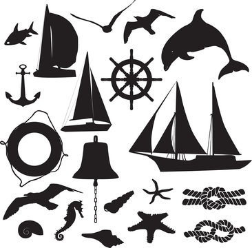 set of silhouettes symbolizing the marine leisure