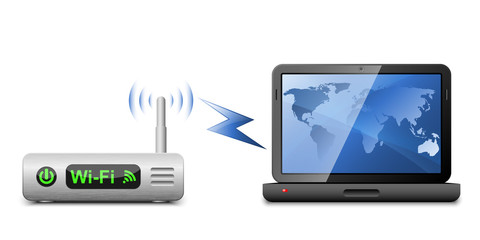 Icon of a laptop connected to a wireless router.  Vector Illustr