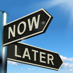 Now Or Later Signpost Showing Delay Deadlines And Urgency - obrazy, fototapety, plakaty