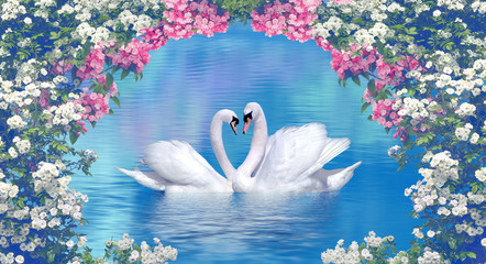 Two swans framed with blooming flowers