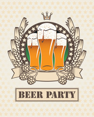 banner with three glasses of beer, malt, wheat and