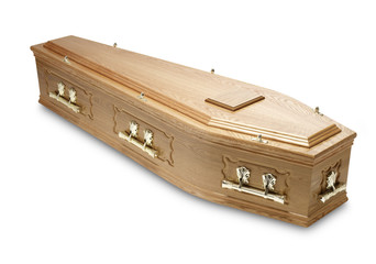 ornate mahogany coffin casket with brass handles - obrazy, fototapety, plakaty