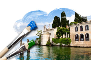 Gemälde eines historischen Gebäudes am Gardasee