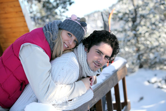 happy couple at ski resort