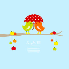 2 Birds Kissing Under Umbrella Tree Apples Blue