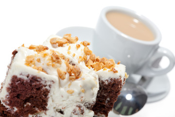 Piece of chocolate cake with icing on white