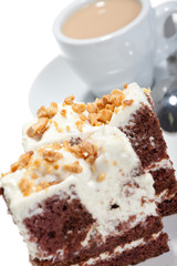 Piece of chocolate cake with icing on white