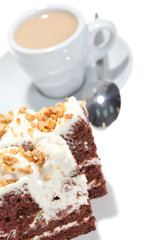 Piece of chocolate cake with icing on white