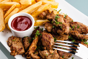 Grilled meat with French fries
